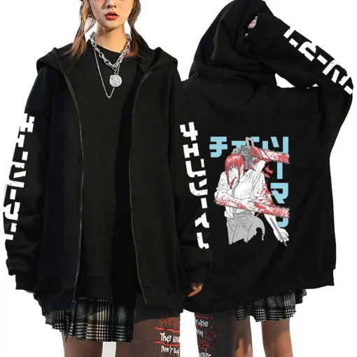 Japan Anime Chainsaw Man Zip Hoodies Gothic Cartoon Denji Print Chainsaw Man Streetwear Long Sleeve Women Winter Sweatshirts Clo