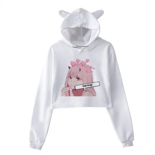 Japanese Anime Zero Two-Darling In The Franxx Cosplay Crop Hoodie Kawaii Women Harajuku Cartoon Print Loose New Sweet Sweatshirt